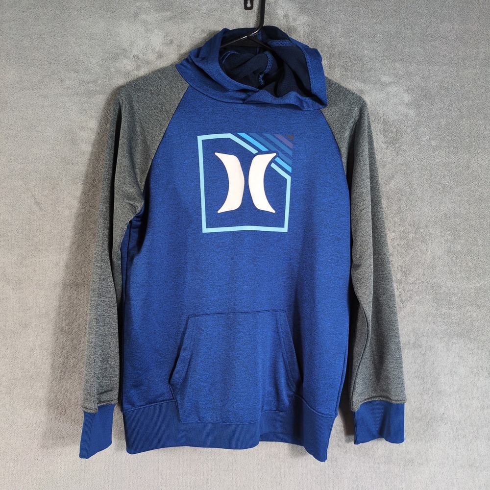 Hurley Youth Blue Grey Raglan Logo Pullover Hoodie Sweatshirt Size 14/16 L